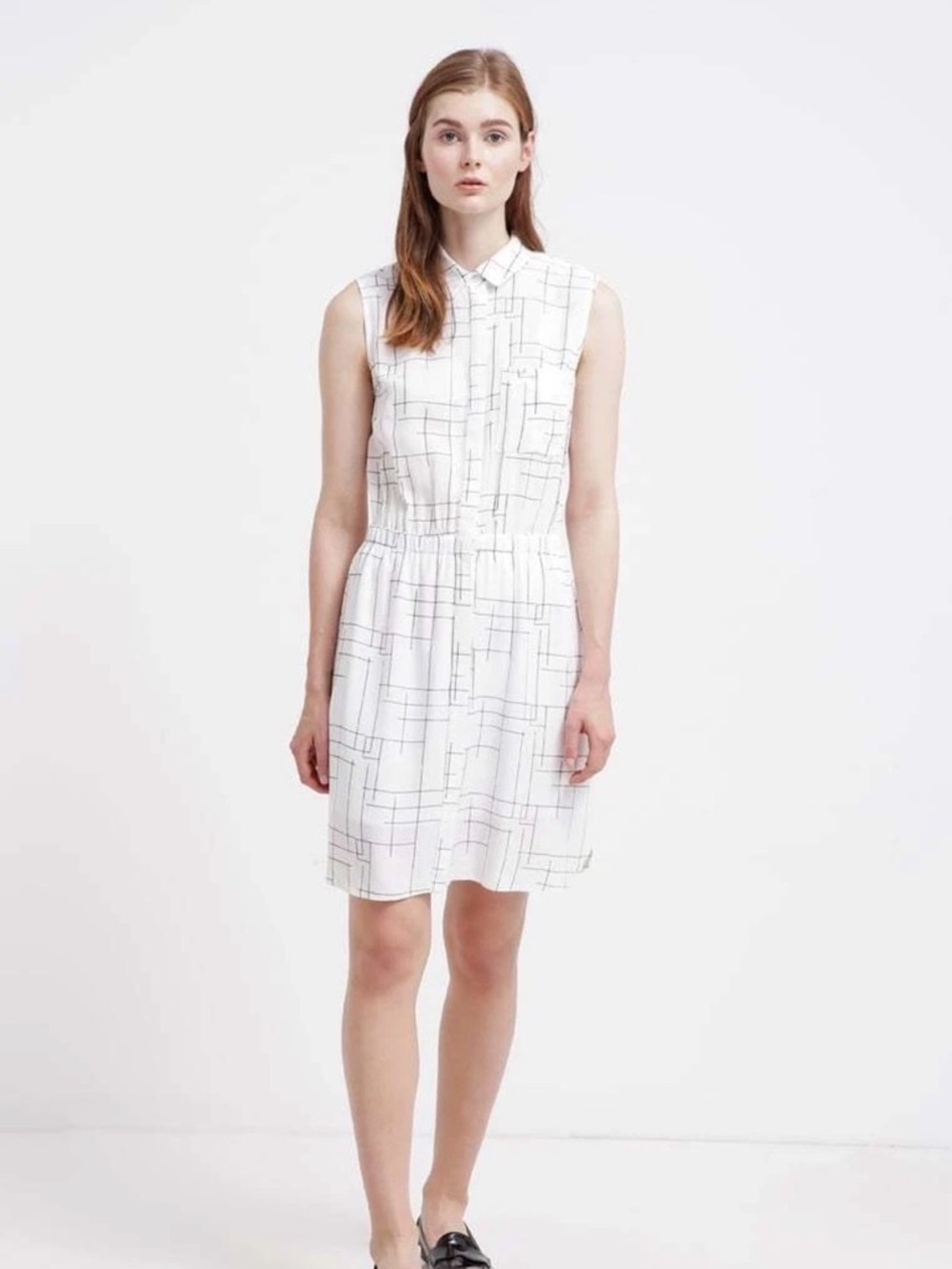 Warehouse White Sleeveless Shirt Dress with Black Grid
